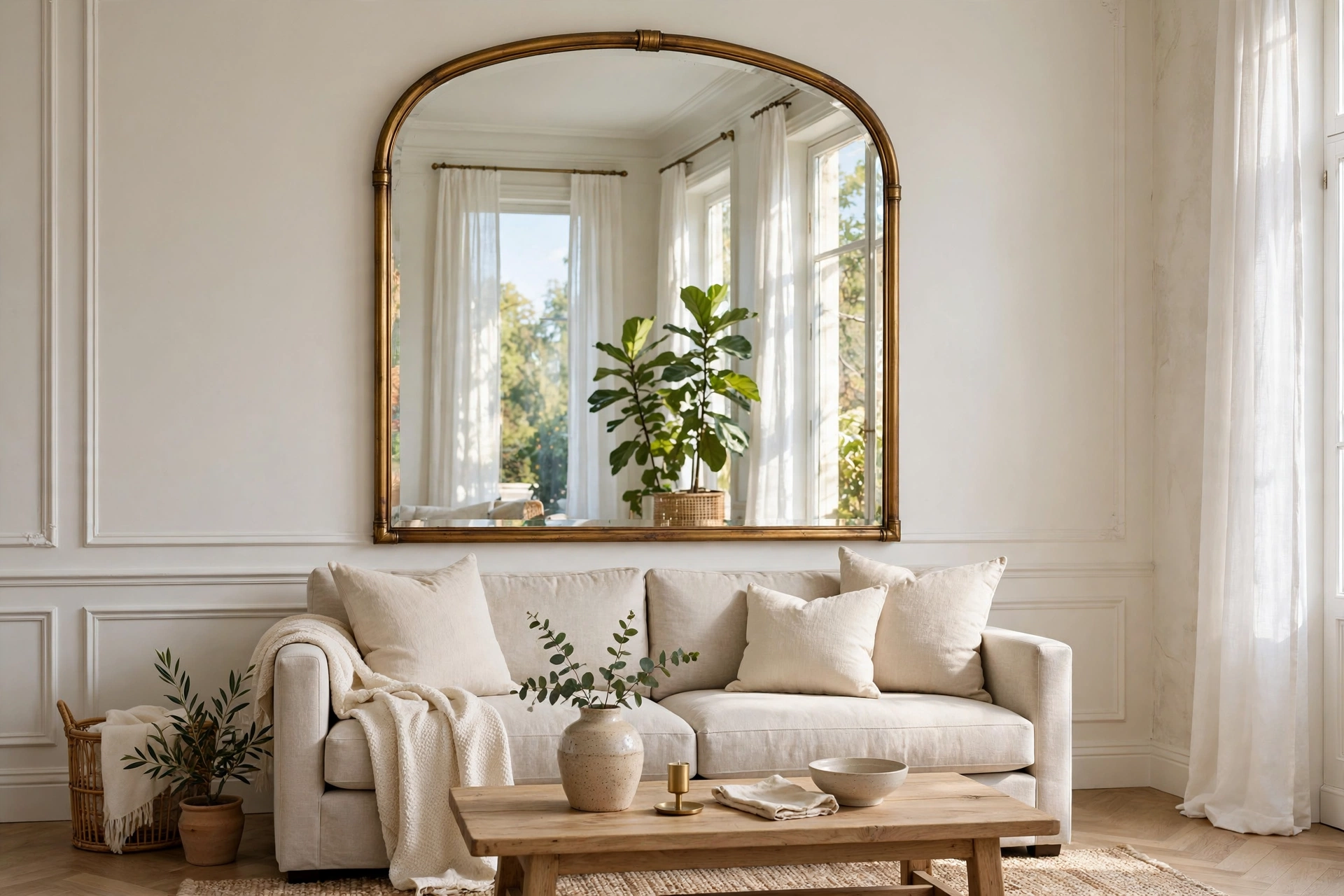 Large arched brass mirror — small living room decor idea that bounces light