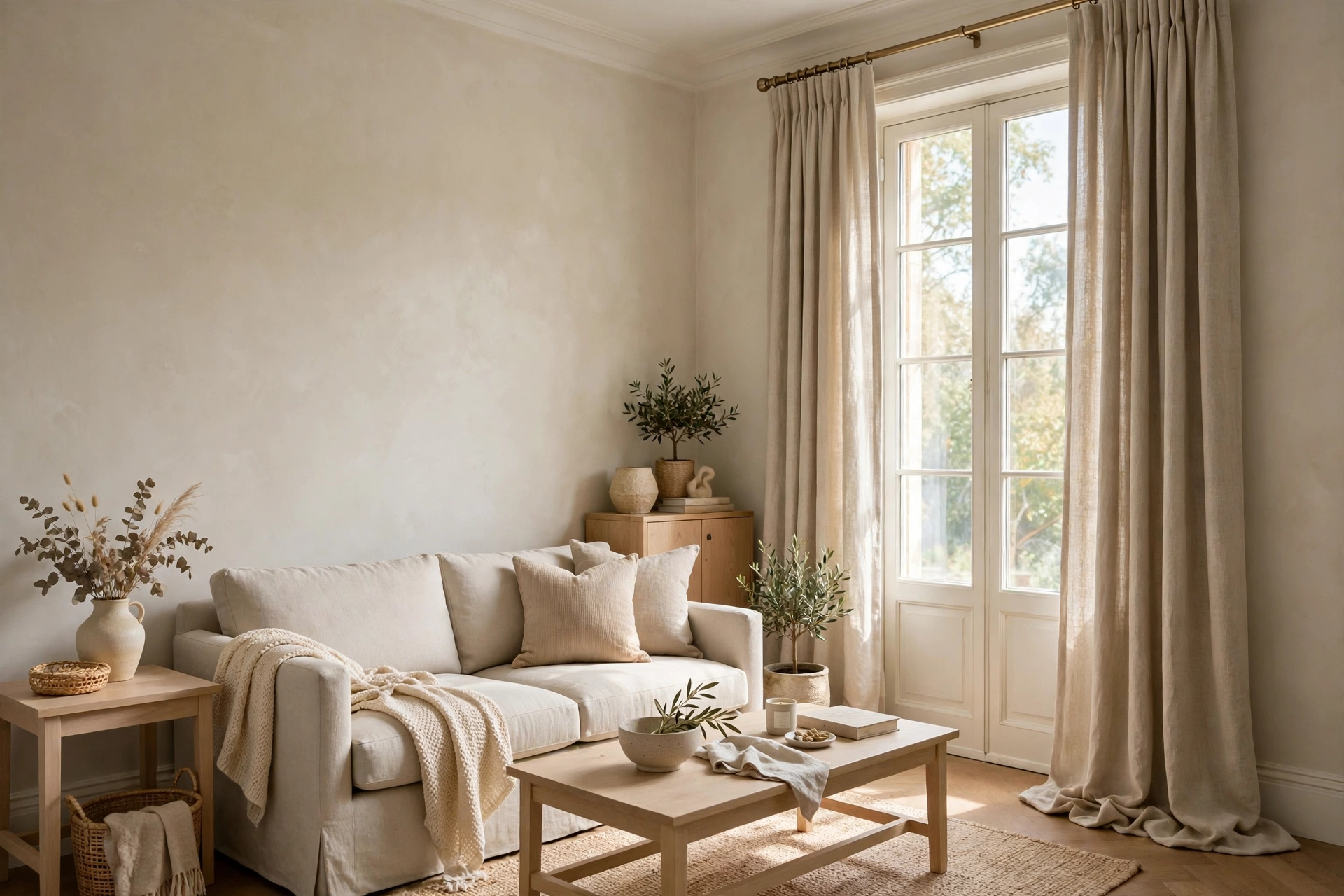 Floor-to-ceiling curtains make a small living room feel taller