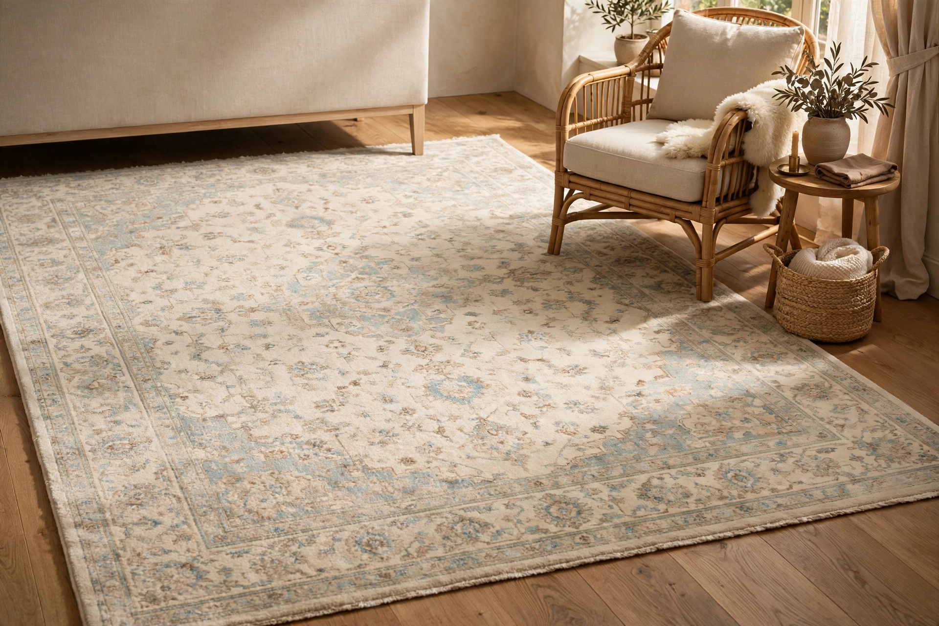 Plush area rug anchoring a small living room seating area