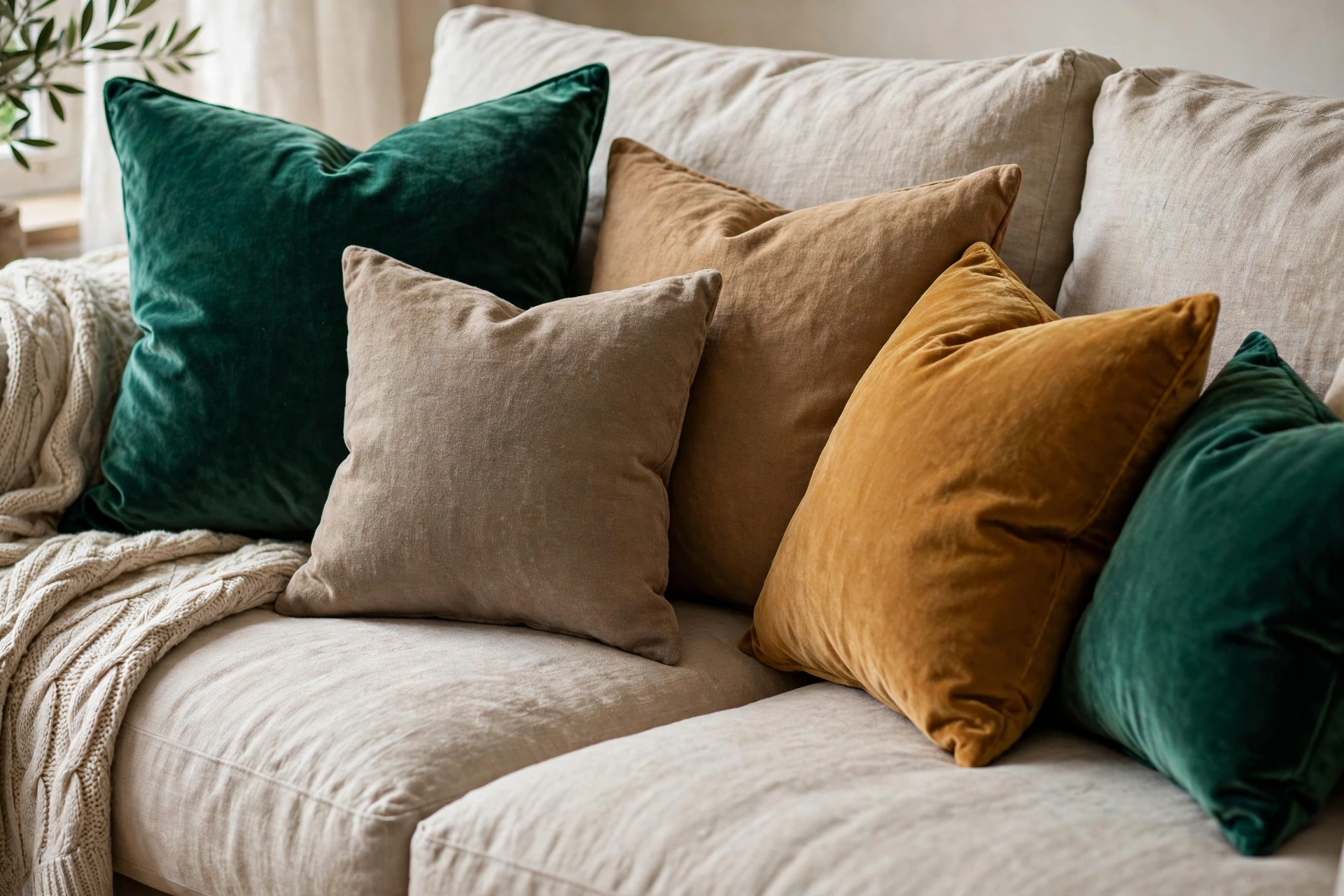 Velvet throw pillows in rich tones for a small living room