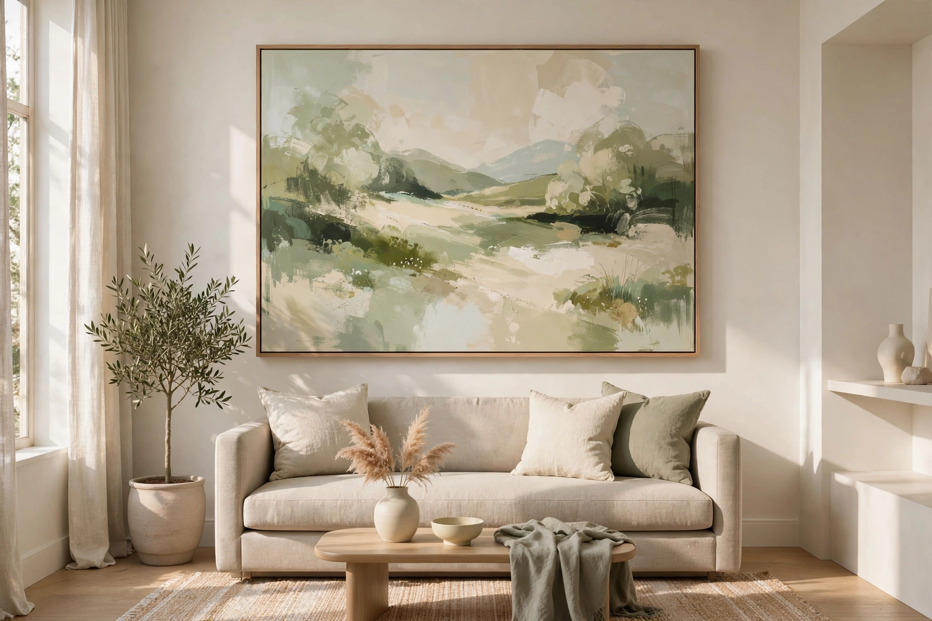 Oversized art piece above a sofa in a small living room