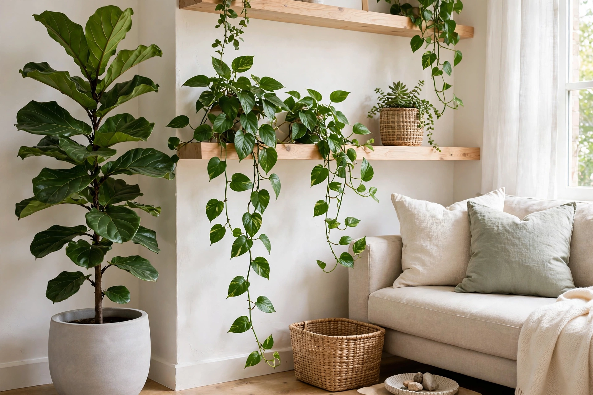 Plants in ceramic planters bring life to a small living room