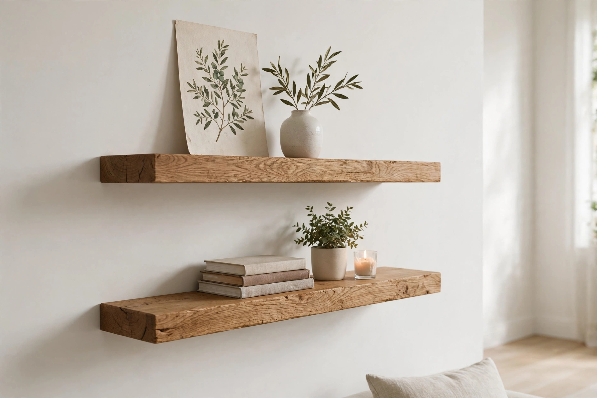Floating shelves with curated decor in a small living room