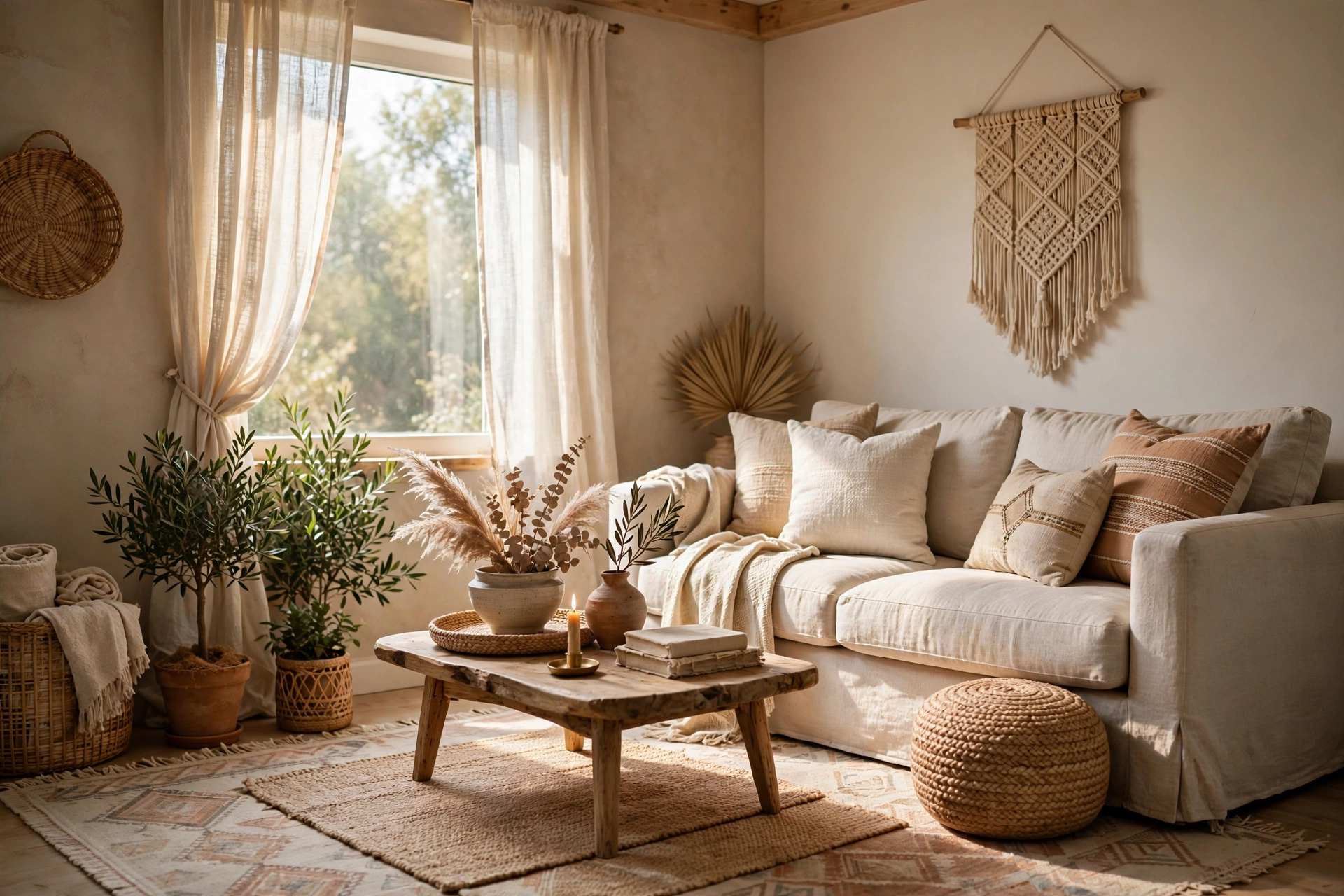 Chic woven pouf tucked into a small living room