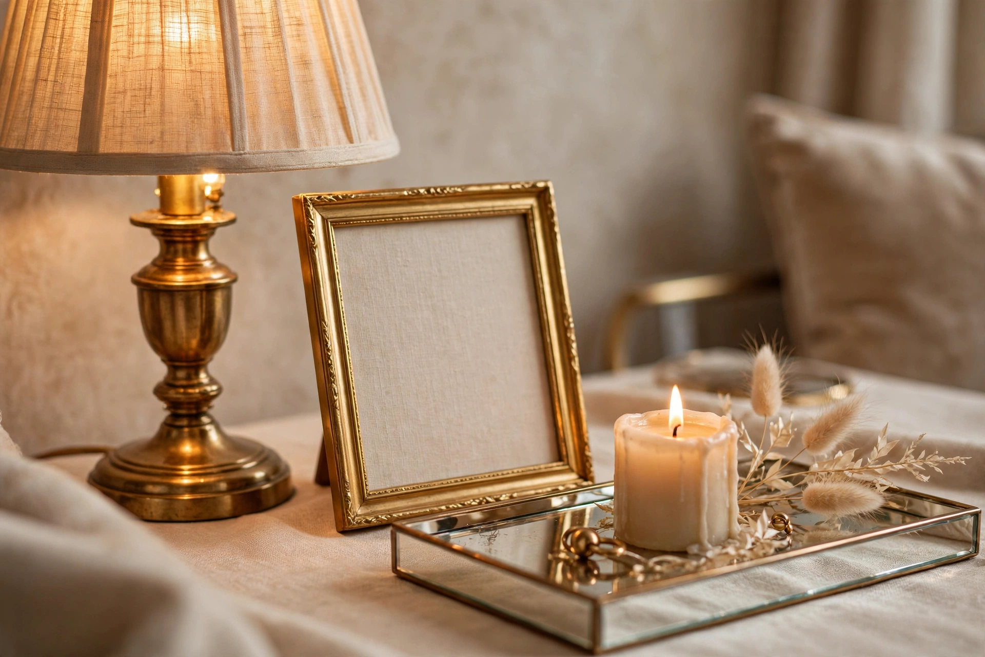 Warm metallic accents for an expensive-looking small living room