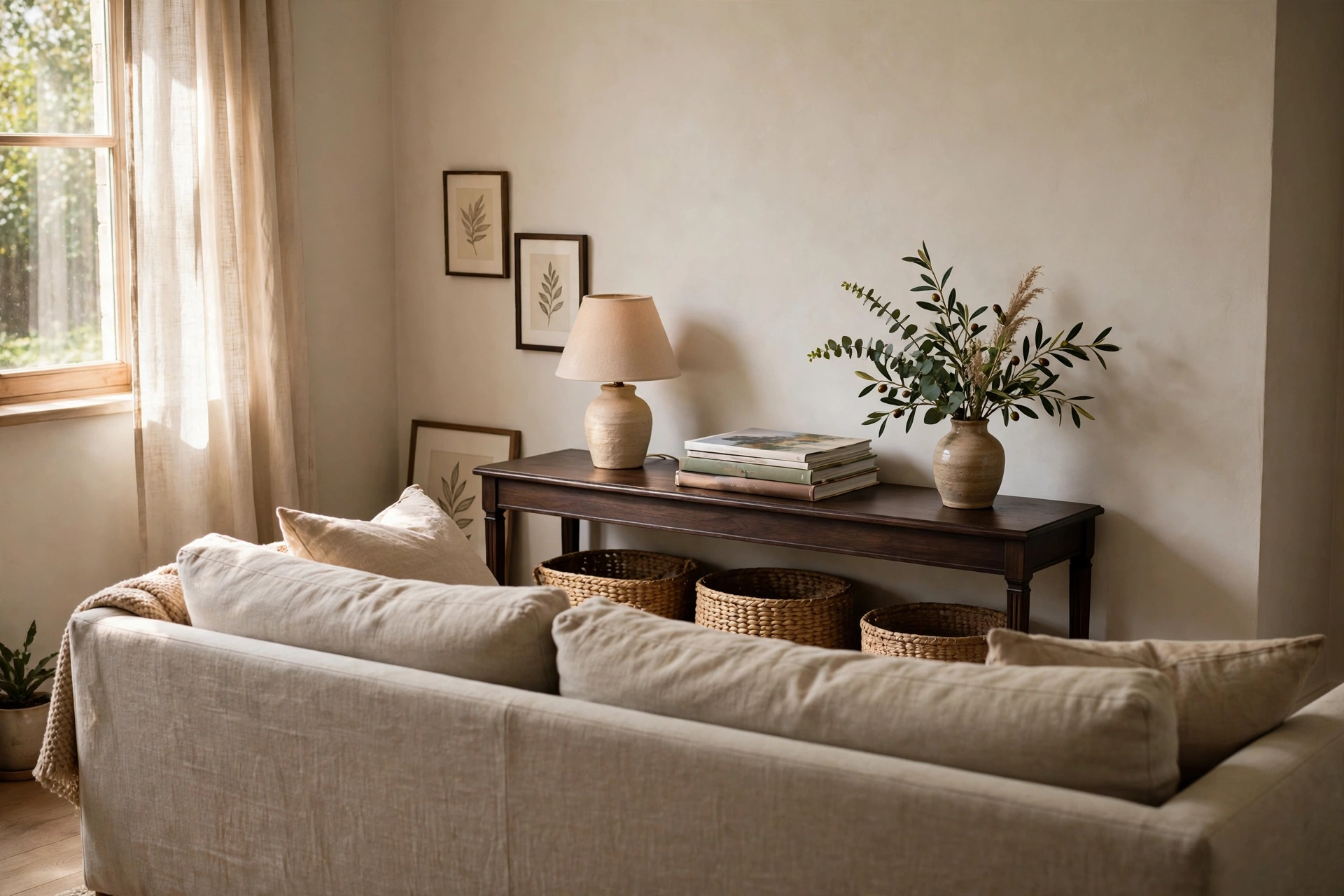 Slim console table behind the sofa in a small living room