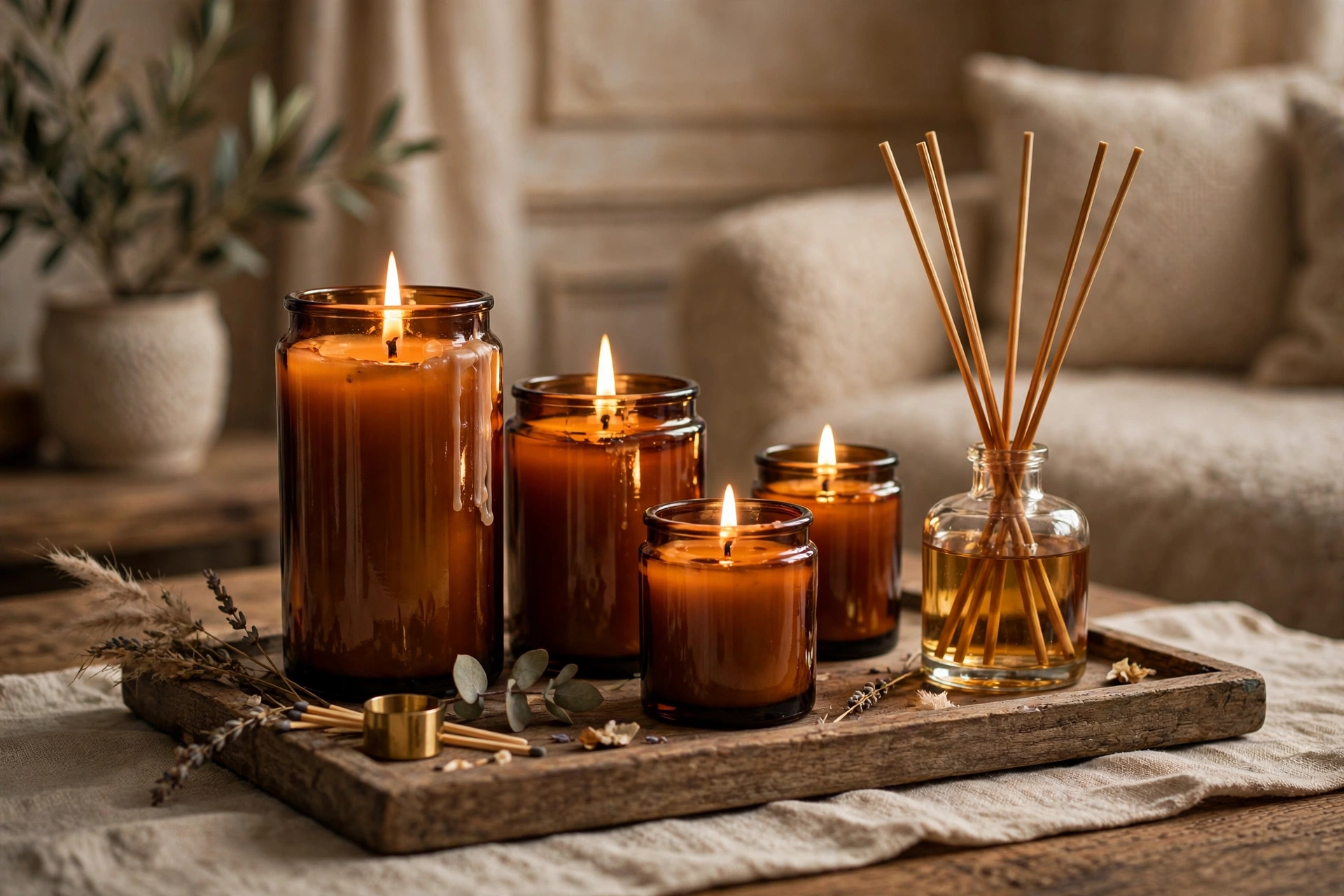 Candles and diffusers add scent to a small living room