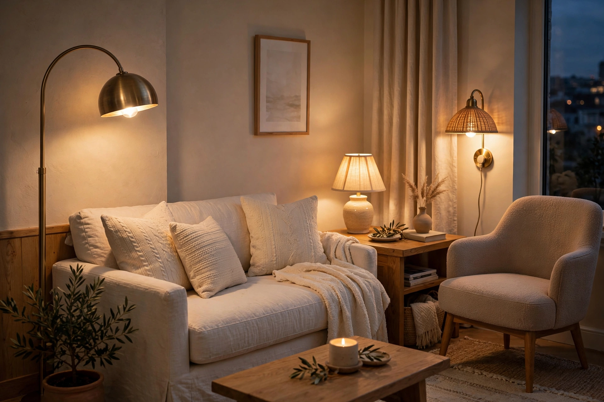 Layered lighting with warm bulbs in a small living room
